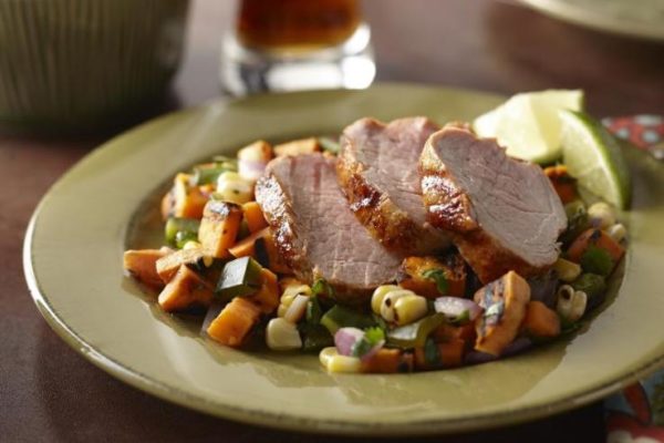 Chile Rubbed Pork Tenderloin with Grilled Sweet Potato Hash Recipe